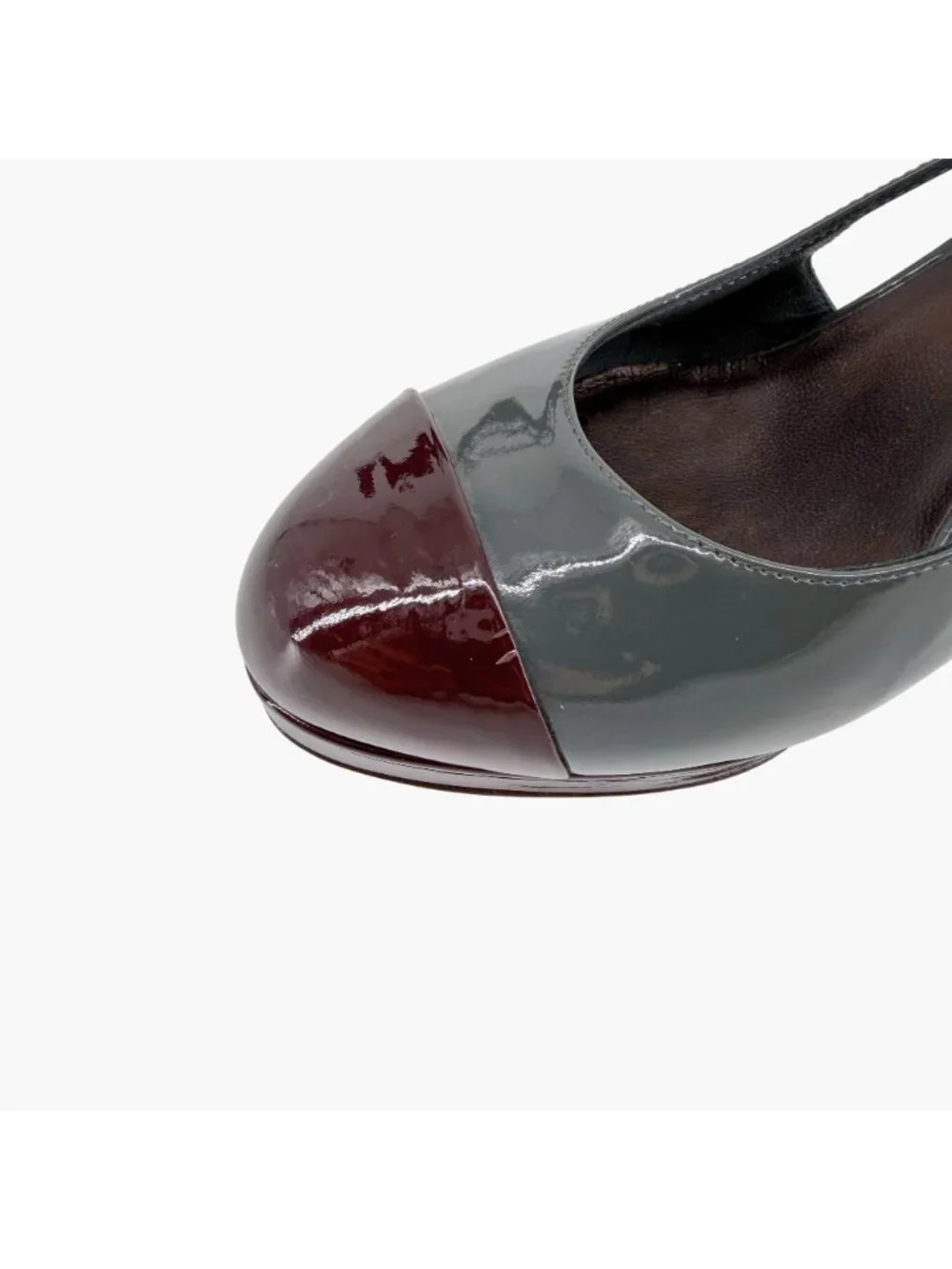 Chanel Gray Burgundy Patent Cap Toe Slingback Platform Pumps Size 37.5 US 6.5–7 - Picture 12 of 15